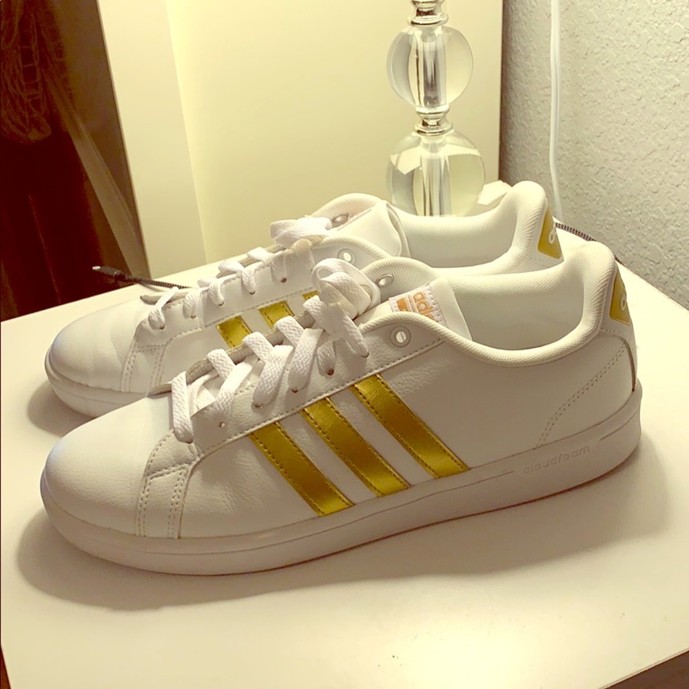 Adidas white and gold cloud foam shoes